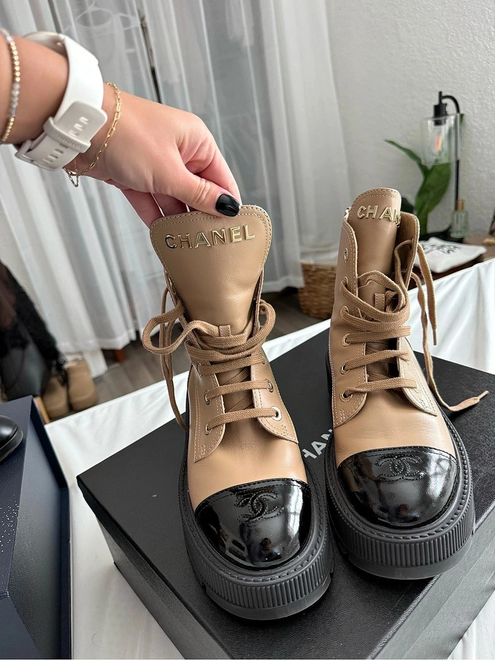 Chanel Calfskin & Patent Calfskin Combat Boots Beige & Black Brown & Black EU 38
